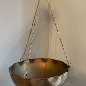 Vintage Brass Hanging Planter With Scalloped Edge & Chain Hangers